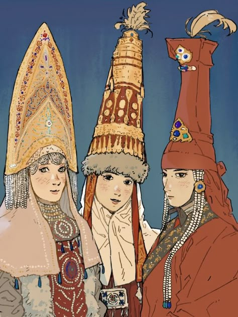 Kazakh Character Design, Slavic Headdress, Mongolia Steppe, Russian Character Design, Kazakhstan Clothes, Steppe Culture, Kazakh Clothing, Kazakh Art, Russian Headdress