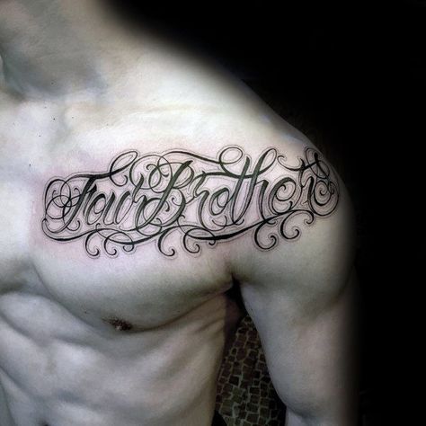 Few Forthers Script Mens Ornate Chest And Shoulder Tattoo Shoulder To Chest Tattoo, Shoulder Tattoo Quotes, Script Tattoos, Husband Tattoo, Tattoo Quotes For Men, Cursive Tattoos, Skeleton Hand Tattoo, Chest Tattoo Men, Shoulder Tattoos For Women