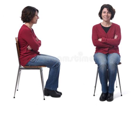 Woman sitting on a chair back and front on white background,arms crossed stock photos Sitting Legs Crossed Reference, Leg Reference, Sitting Pose Reference, Sitting Cross Legged, Chair Pose, Sitting Chair, Anatomy Poses, Sitting Poses, Woman Sitting