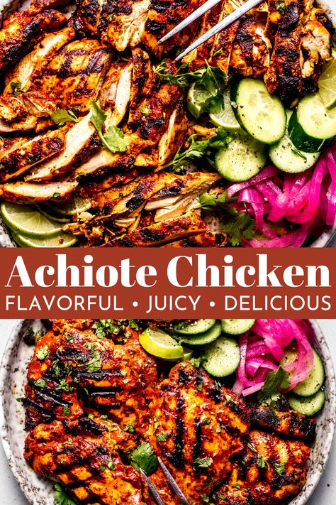 Achiote Chicken Achiote Marinade, Mexican Chicken Marinade, Recipe Chicken Thighs, Achiote Chicken, Mexican Favorites, Grilled Chicken Tacos, Chicken With Rice, Savory Recipe, Mexican Side Dishes