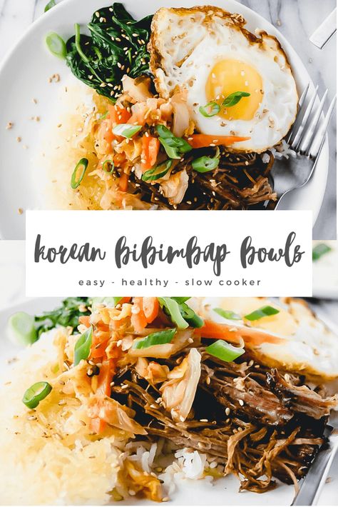 Slow Cooker Korean Bibimbap Bowls | EASY Korean bibimbap bowls! Korean inspired, but made with everyday ingredients. Slow cooker Korean beef turns into TWO meals to cook once, eat twice. #slowcookerbeef #slowcookerKoreanbeef #easybibimbap #bibimbapbowls Korean Beef Bibimbap, Bibimbap Bowls, Beef Bibimbap, Cook Once Eat Twice, Bibimbap Bowl, Fod Map, Korean Bibimbap, Slow Cooker Korean Beef, Chicken Bacon Pasta