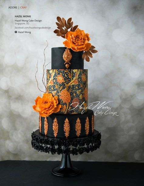 William Morries Cray inspired: Hazel Wong Cake Design, facebook Halloween Wedding Cakes, Black Wedding Cakes, Special Cakes, Luxury Wedding Cake, Tiered Cake, Fall Cakes, Elegant Cakes, Orange Cake, Beautiful Wedding Cakes