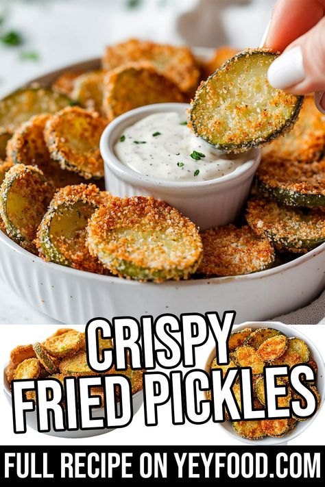 Crispy Fried Pickles - Yeyfood.com: Recipes, cooking tips, and kitchen hacks for home cooks of all levels Home Made Fried Pickles, Fried Pickle Recipes, Homemade Fried Pickles, Fried Pickle Recipe, Crispy Fried Pickles, Deep Fried Pickles, Cinnamon Bread Easy, Fried Pickles Recipe, Hacks For Home