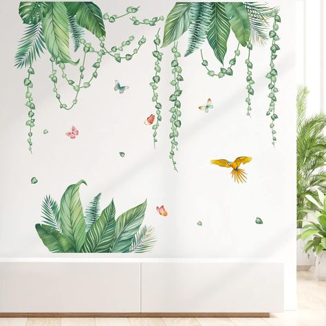 decalmile Tropical Leaves Wall Decals Hanging Vines Green Plants Wall Stickers Living Room Bedroom Office Wall Decor Safari Mural, Wall Decals Living Room, Plants Wall, Hanging Vines, Vine Wall, Flower Wall Stickers, Wall Stickers Bedroom, Wall Stickers Living Room, Cleaning Walls