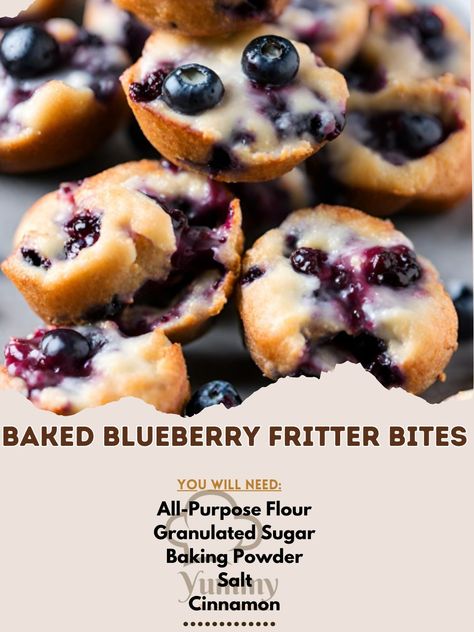 Indulge in Baked Blueberry Fritter Bites! 🫐✨ Bite-sized, bursting with berries, and blissfully baked. #BlueberryBliss #BakedFritters Baked Blueberry Fritter Bites Recipe 🍩🍇 Ingredients: All-Purpose Flour (250g): 250g Granulated Sugar (100g): 100g Baking Powder (1 tbsp): 15g Salt (1/2 tsp): 2.5g Cinnamon (1 tsp): 5g Milk (120ml): 120g Egg (1): 1 Vanilla Extract (1 tsp): 5ml Butter (melted, 50g): 50g Blueberries (fresh, 150g): 150g For the Glaze: Powdered Sugar (200g): 200g Milk or Lemon Juice... Blueberry Fritter Bites, Blueberry Fritter, Fritter Bites, Recipe Ingredients, Drink Ideas, Bite Size, Granulated Sugar, Powdered Sugar, Lemon Juice