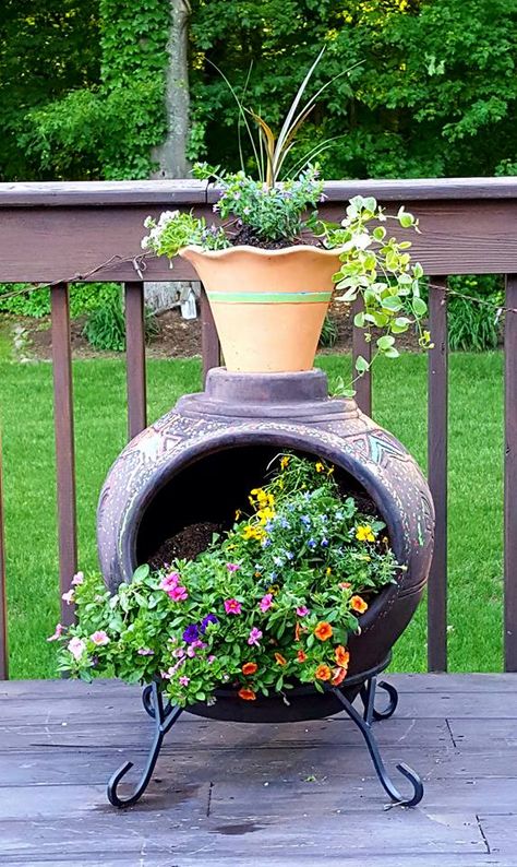 Recycled Garden Projects, Metal Chiminea, Patio Gardens, Recycled Garden, Screen Porch, Pot Ideas, Container Garden, Beautiful Backyards, Dream Backyard