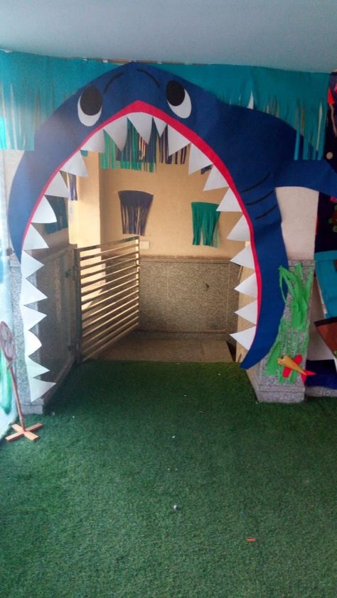 Under The Sea Office Theme, Under The Sea Hallway Theme, Shark Door Decorations Classroom, Ocean Theme School Decorations, Ocean Theme School Hallway, Underwater Door Decorations, Under The Sea Door Theme, Ocean Themed Door Decorations, Under The Sea Diy Decor