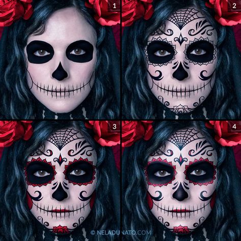 The making of “Santa Muerte” Photoshop photomanipulation Halloween Costume Creative, Easy Procreate Art, Costume Makeup Ideas, Makijaż Sugar Skull, Halloween Makeup Sugar Skull, Skull Face Paint, Mexico Day Of The Dead, Makeup Masterclass, Halloweenský Makeup