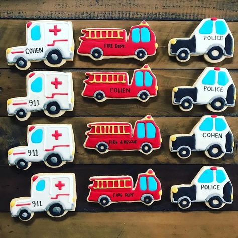 Emergency Vehicle Birthday Party Decor, Calling All Units Birthday Party, Emergency Vehicle Birthday Party, Vehicle Birthday Party, Firefighter Birthday Cakes, Truck Cookies, Combined Birthday Parties, Decorative Cookies, Firefighter Birthday