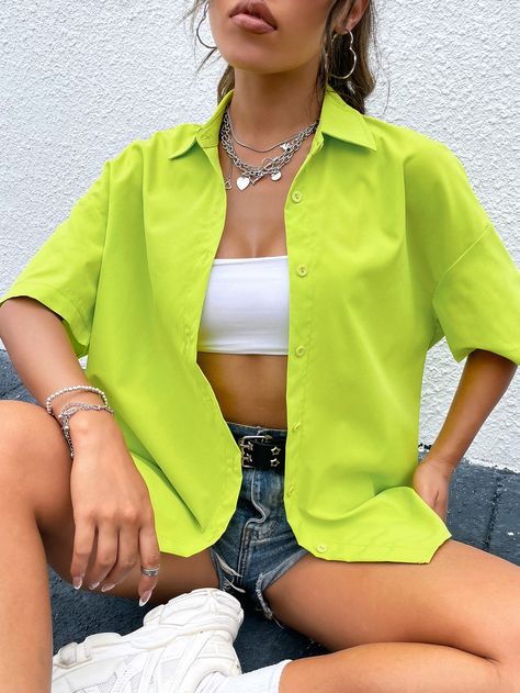 Drop Shoulder Blouse, Neon Green Shorts, Plain Tunic, Neon Shirts, Verde Lima, Neon Outfits, Women Tops, Cute Casual Outfits, Half Sleeve