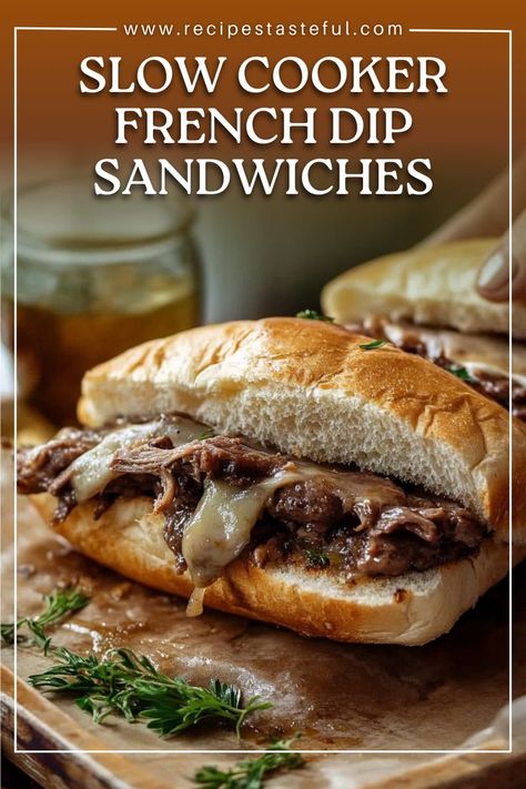 These savory Slow Cooker French Dip Sandwiches feature tender shredded beef chuck roast simmered in a flavorful broth and served on crusty rolls, topped with melted Swiss or provolone cheese. Perfect for a cozy meal, especially when paired with a side of au jus for dipping. Roast Beef Dip, Roast Beef French Dip, Beef Sandwiches Crock Pot, Roast Beef Au Jus, Slow Cook Roast, Slow Cooker French Dip Sandwiches, Shredded Beef Sandwiches, Slow Cooker French Dip, Beef Au Jus