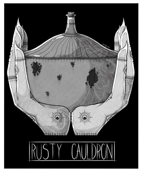 #28. “Rusty Cauldron”  This relic from the past wasn’t made to last. Which spells have been stirred within this old rusty cauldron? A king’s poison? A time freezing potion? The granting of no emotion? There are only speculations …   #art #drawtober2018 #inktober2018 #draw #ink #digital #procreate #bottles #glass #spooky #blackandwhite #witch #hands #rust #cauldron #rustycauldron #etsy #zine #book Rust Drawing, Zine Book, Which Spells, No Emotion, Witch Hands, A King, Word Art, Dungeons And Dragons, Rust