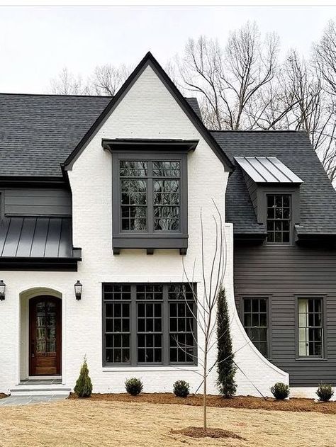 Home Makeover Exterior, Modern Tudor House Exterior, European Home Exterior, White Houses With Black Trim, Houses With Black Trim, Home Exterior Colors Schemes, Tudor House Exterior, White Exterior Houses, Transitional Exterior