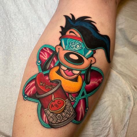 #tattoo #agoofymovie #max #maxgoof Cartoon Portrait Tattoo, Goofy Movie Tattoo, 90s Baby Tattoo, Practice Tattooing, Pop Culture Tattoos, Tat Inspiration, 90s Tattoos, Americana Tattoo, Disney Sleeve