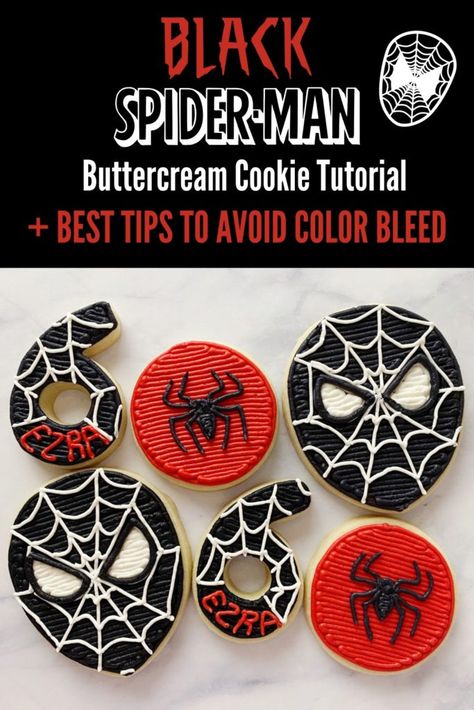 Spider Man Cookies Decorated, Spider-man Cookies, 21st Birthday Party Food, Ingredients For Sugar Cookies, Spider Man Cookies, Spiderman Cookies, How To Make Spiders, Buttercream Cookies, Spiderman Cupcakes