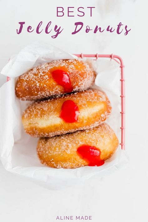 Homemade jelly filled donuts recipe with strawberry rhubarb jam – you can’t miss this fluffy sugar cinnamon coated deliciousness. #jelly #donut #recipe #easy #doughnut #strawberryjam #filled Jelly Filled Donuts Recipe, Strawberry Rhubarb Jelly, Donuts Filled, Rhubarb Jelly, Jelly Donuts, Rhubarb Strawberry, Chocolate Peanut Butter Desserts, Strawberry Rhubarb Jam, Jelly Doughnuts