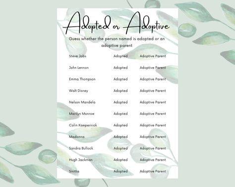 Adoption Shower Games, Adoption Baby Shower, Eucalyptus Pattern, Adoption Shower, Game Challenges, White Eucalyptus, Eucalyptus Design, Baby Word Scramble, Celebrity Baby Names