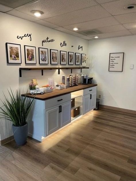 Diy Coffee Bar With Cabinets, Basement Coffee Bar, Basement Cabinet Ideas, Kitchen Desk Area Repurpose, Vintage Coffee Bar Ideas, Diy Coffee Bar Ideas, Family Basement, Kitchen Desk Areas, Studio Renovation