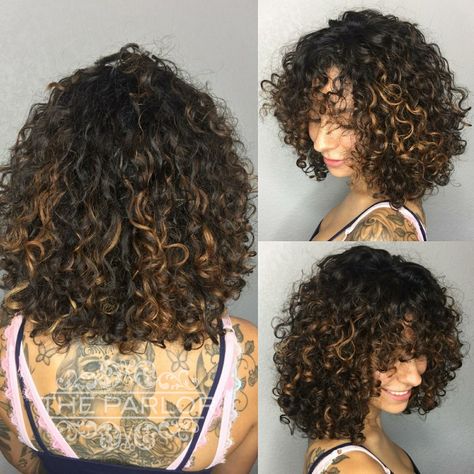 DevaCut and Pintura Highlights by Advanced Deva Stylist Melissa Pintura Highlights Curly, Curly Highlights, Deva Cut, Highlights Curly, Dark Curly Hair, Light Curls, Highlights Curly Hair, Curly Hair Tutorial, Wavy Haircuts