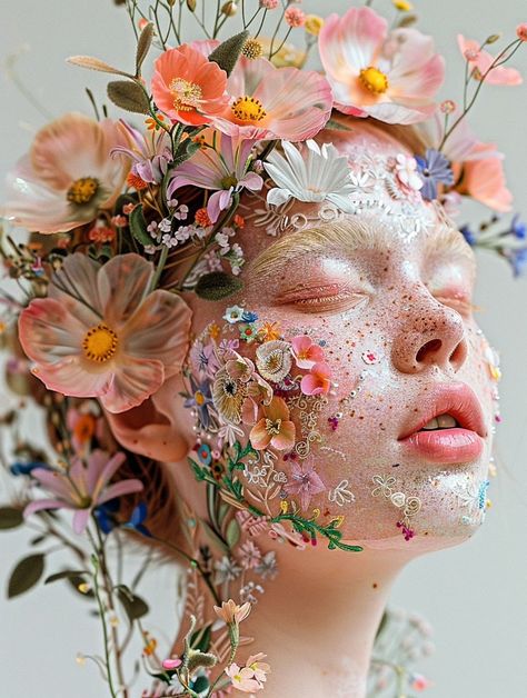 promptvicle Person Covered In Flowers, Flower Face Photography, Face Made Of Flowers, Flower Portrait, Flower Skin, Flower Woman, Floral Makeup, Flower Makeup, Flower Face