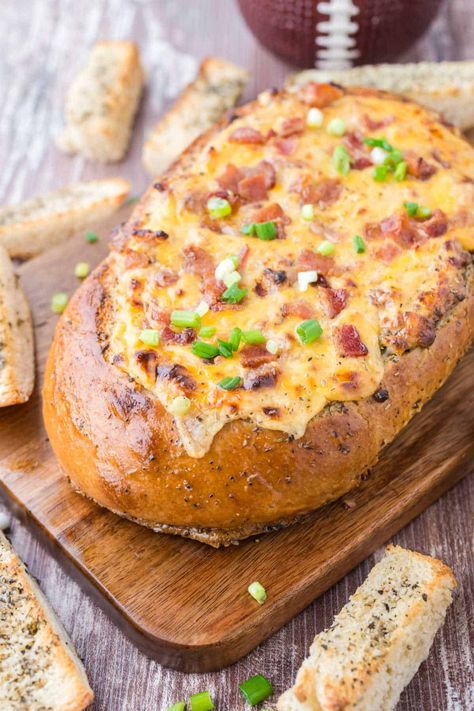 Hot Bacon Cheese Dip In Bread Bowl, Dip In Bread Bowl Recipes, Bread Bowl Dips Recipes, Bread Bowl Dip Recipes, Grilled Cheese Bread, Bread Bowl Dip, Cheesy Bacon Dip, Bacon Bread, Bacon Cheese Dips