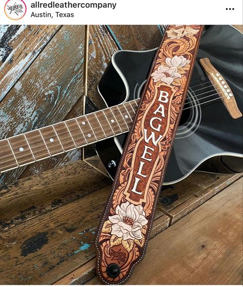 Leather Guitar Strap Pattern Handmade, Tooled Leather Flowers, Diy Leather Guitar Strap, Leather Guitar Strap Pattern, Custom Leather Work, Leather Guitar Strap, Leather Working Patterns, Leather Working Tools, Leather Tooling Patterns