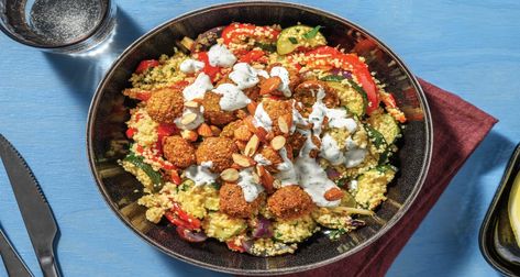 Mediterranean Falafel & Roast Veggie Couscous Bowl Recipe | Fresh, High-Quality Ingredients, More Recipe Variety Each Week, Flexible Subscription. Get Inspired and Start Cooking Now! Veggie Couscous, Couscous Bowl, Couscous Recipe, Pesto Dressing, Red Pesto, Squash Vegetable, Fresh Meals, Falafel Recipe, Spiced Chickpeas