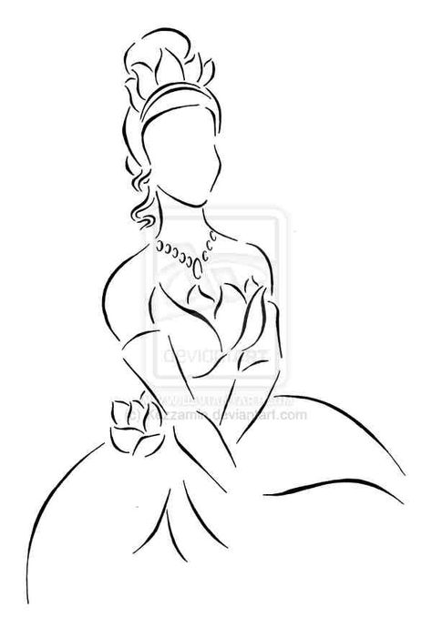 Tiana silhouette Disney Line Art, Disney Characters Outline, Disney Outline, Disney Princess Outline, Pinterest Drawings, Disney Lines, Character Outline, Disney Princess Tiana, Disney Silhouettes