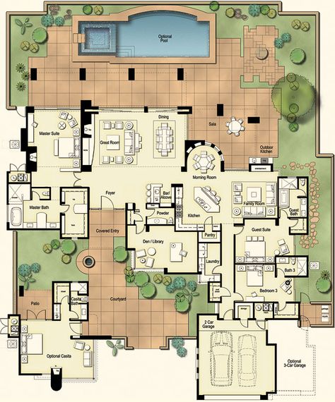 Tucson Custom Home - Hacienda Floor Plan A Courtyard doesn't have to be a square block in the middle of the home. Hacienda Floor Plans, Boho Glam Home, Hacienda Homes, Hacienda Style Homes, Pelan Rumah, Courtyard House Plans, Mansion Floor Plan, Real Estat, Hacienda Style