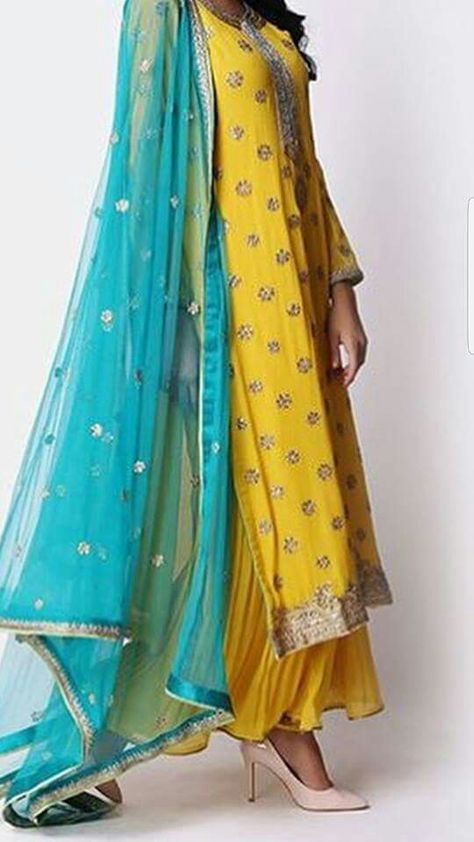 Sunny yellow Palazzo pant suit with turquoise blue duppata Salwar Suits Party Wear, Indian Salwar Suit, Bridal Party Outfit, Indian Fashion Jewellery, Boutique Suits, Salwar Designs, Dress Tight, Desi Clothes, Indian Suits