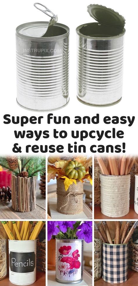 Easy & Creative DIY Recycled Tin Can Ideas | If you’re looking for fun and easy recycled craft ideas, try adding some personality to simple old TIN CANS! You would never guess that these beautiful and unique containers were made out of soup cans that would normally end up in the trash. This simple idea is very budget friendly and even easy enough for kids to make. You can cover a tin can in just about anything, you just have to be creative with the materials you already have at home. Soup Can Crafts, Diy Rope Design, Thanksgiving Mantle, Easy Recycled Crafts, Coffee Can Crafts, Painted Tin Cans, Diy Crafts Ideas, Recycled Tin Cans, Tin Can Art