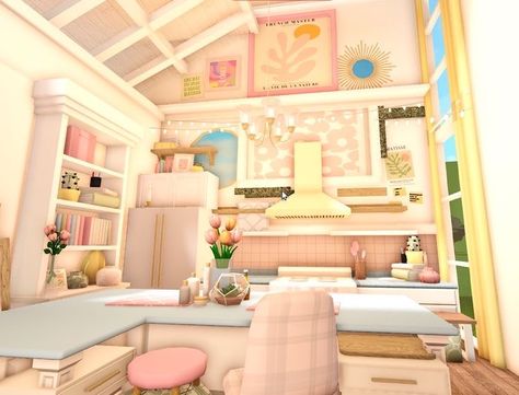 cr- bloxburg_builds_ :D #aesthetic #bloxburg Dreamy Aesthetic Bedroom, Danish Pastel Kitchen, Bloxburg Daycare, Danish Pastel Interior Design, Danish Pastel Interior, Danish Bedroom, Blush House, Bloxburg Decor, Aesthetic Bloxburg