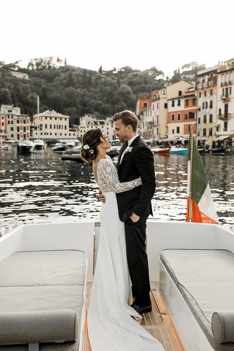 Years of admiring Italian destination weddings have prepared us for this moment. A Portofino wedding amidst stacks of pastel buildings, a glistening Mediterranean Sea and the most captivating long sleeve wedding dress we ever did see, Monique and Joshua have captured our hearts. We cannot get enough of this sunset portrait session in a getaway boat! #ruffledblog Portofino Wedding, Wedding Dresses Sheer, Satin Wedding Dresses, Sheer Wedding Dress, Wedding Dresses Satin, Italian Wedding, Satin Wedding, Mediterranean Sea, Italy Wedding