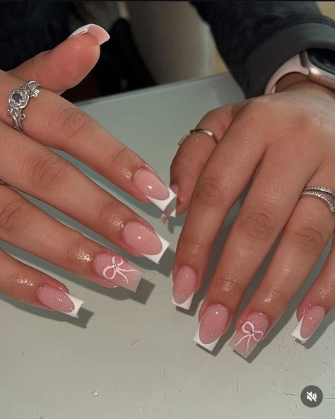 Acrylic Nail Birthday Set, Pink N White French Nails, Cute Pink French Tips, Pink French Tips With Design, French Tip Nails With Butterflies, French Nails Design 2024, Acrylic Nail Designs Birthday, Pink Nails With White French Tip, Low French Tip Nails