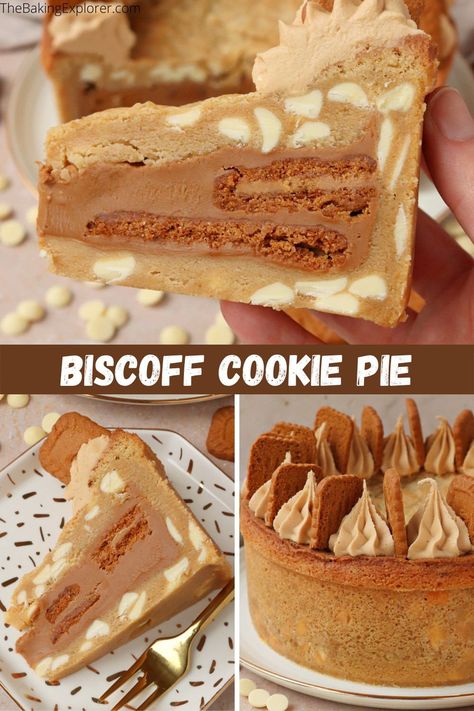 Recipe for a Biscoff Cookie Pie - brown sugar cookie pie with white chocolate chips, filled with Biscoff spread and Biscoff biscuits #thebakingexplorer #cookiepie #biscoffspread #cookiebutter #speculoos Stuffed Cookie Pie Recipe, Biscoff Cookie Pie, Biscoff Treats, Stuffed Cookie Pie, Sugar Cookie Pie, Dough Desserts, Cookie Pies, Cookie Dough Pie, Skillet Cookies