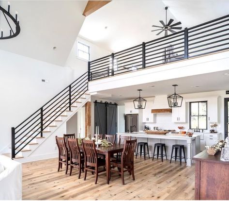 Kitchen With Loft Above It, Loft Over Living Room, Loft Upstairs Ideas, Barndo Apartment, Industrial Barndominium, Small House With Loft, Barndominium Stairs, Loft Over Kitchen, Loft Above Kitchen