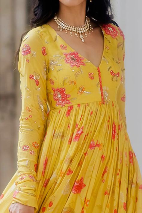 Buy Paulmi and Harsh Yellow Cotton Silk Floral Print Anarkali With Dupatta Online | Aza Fashions Floral Anarkali Dresses, Paulmi And Harsh, Floral Print Anarkali, Anarkali With Dupatta, Cut Dresses, Stylish Kurtis Design, Floral Frocks, Anarkali Dress Pattern, Frock Fashion