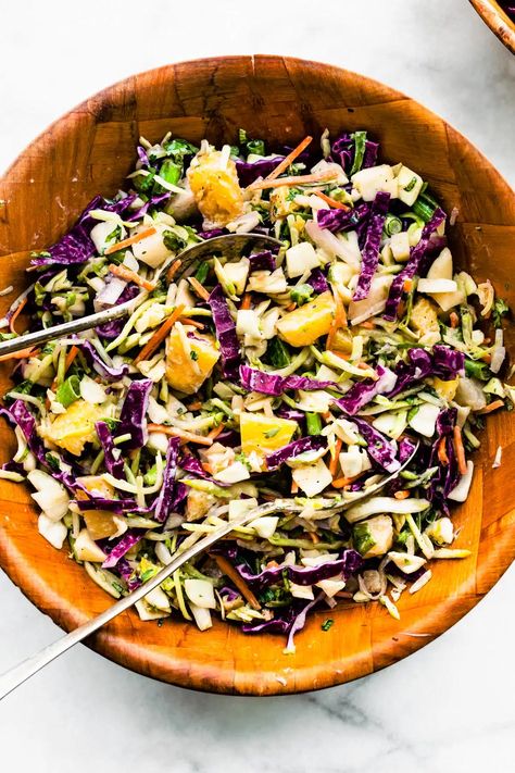 This Easy Pineapple Coleslaw Recipe is the perfect condiment or side dish for all your favorite meals! Sweet, creamy, and made with the perfect amount of crunch it’s a summer dish that’s so tasty you’ll find yourself making it all year long. Dressing With Mayo, Pineapple Coleslaw Recipe, Pineapple Coleslaw, Healthy Coleslaw, Crunch Recipe, Coleslaw Dressing, Summer Cookout, Easy Mediterranean Diet Recipes, Homemade Condiments