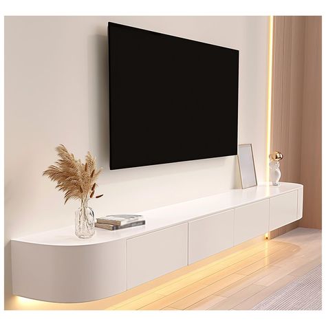 Living Room Floating Tv Stand, Entertainment Center Ideas Bedroom, Floating Tv Console Japandi, Shallow Media Console, Tv Wall Floating Cabinet, Tv Back Design, Tv Cabinet Ideas Wall Mounted, Floating Tv Stand Decor, Black And White Tv Unit