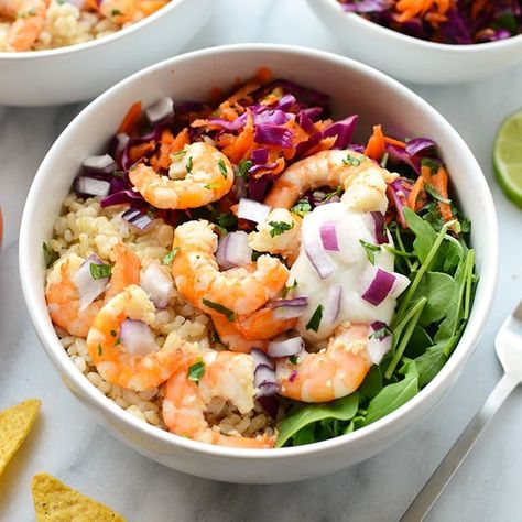 Cilantro Lime Shrimp Bowls - Fit Foodie Finds Delight Recipes, Buddha Bowl Sauce, Shrimp Bowls, Seafood Delight, Homemade Greek Yogurt, Cilantro Lime Shrimp, Fresh Shrimp, Buddha Bowls Recipe, Best Meal Prep