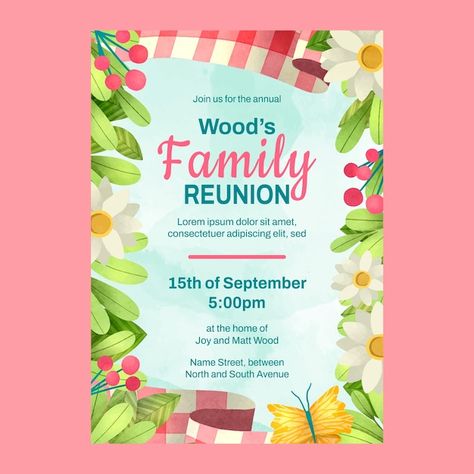 Watercolor family reunion invitation des... | Free Vector #Freepik #freevector #event-invitation #watercolor-template #invitation-template #festival-invitation Family Reunion Invites, Family Reunion Flyer, Family Reunion Invitations Templates, Festival Invitation, Class Reunion Invitations, Family Reunion Photos, Reunion Invitation, Family Reunion Invitations, Watercolor Family