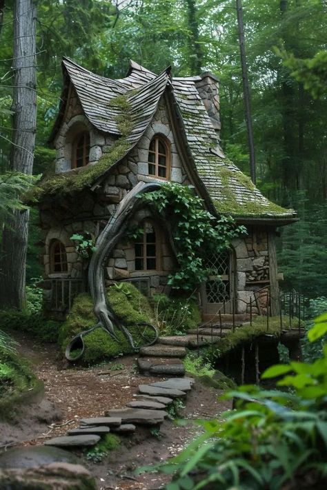 Woods House Forest, Magical Cabin In The Woods, Witches Cottage In The Woods, Forest Cottage Aesthetic, Woodsy House, Cozy Cottage In The Woods, Houses In The Woods, Forest Landscaping, Cottages In The Woods