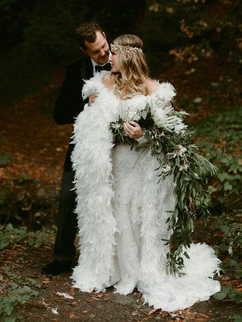 A Fairytale Forest Wedding with a Feather Cape - Green Wedding Shoes Fairytale Forest Wedding, Winter Wedding Cape, Outer Satin, Whimsical Wedding Inspiration, Feather Cape, Fairytale Forest, Simple Bride, Cape Wedding Dress, Feather Wedding