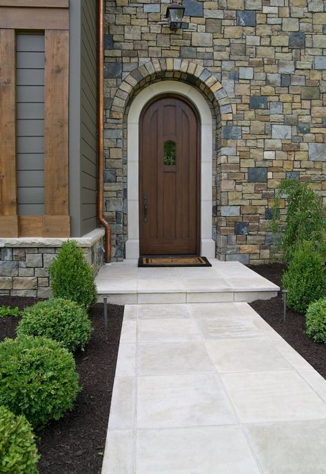 Home Walkway, Front Porch Stone Steps, Front Porch Stone, Indiana Limestone, Front Of Home, Stone Porches, Modern Patio Design, Exterior Tiles, European Cottage