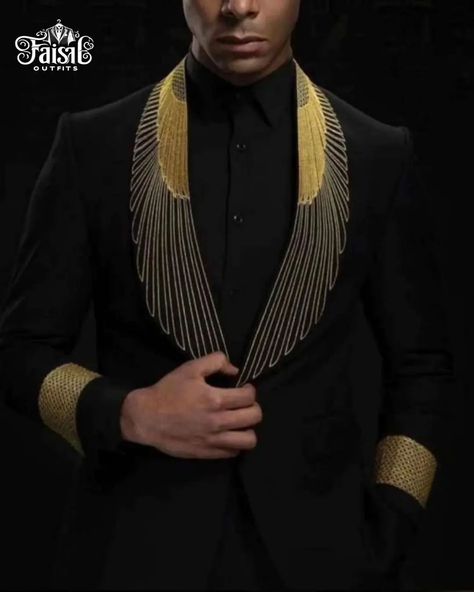 Traditional Kurta For Men, Black 3 Piece Suit, Tuxedo For Wedding, Suit For Groom, Beach Wedding Suits, Green Tuxedo, Gents Kurta Design, Golden Embroidery, Gents Kurta