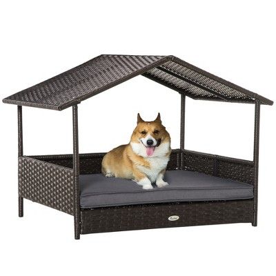 Give your dog a place that they can call home both indoors and out. You can provide the best rest they can receive with this rattan canopy bed from PawHut. This pet bed is suited for small to medium-sized animals to use as a home, with plenty of space to bring toys, blankets, treats. Use the dog bed outdoors and not worry about falling apart, thanks to the solid steel frame and all-weather rattan. Let PawHut help you bring home a cabana that's easy to assemble and keeps pets comfortable. Dog Bed With Canopy, Dog House Outdoor, Wicker Dog Bed, Bed With Canopy, Outdoor Dog Bed, Pet Sofa Bed, Rattan Bed, Dog Basket, Pet Sofa