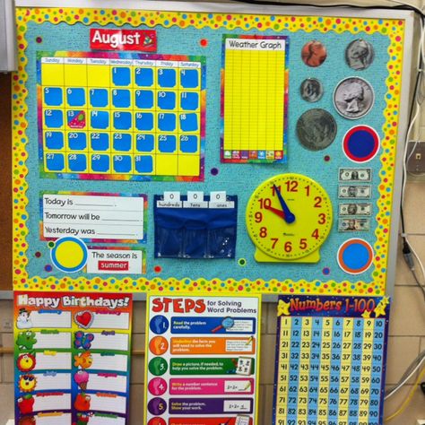 Polka Dot theme classroom... First grade calendar math. First Grade Calendar, Math Calendar, Weather Graph, Math Examples, Kindergarten Calendar, Math Meeting, Preschool Calendar, Polka Dot Classroom, Maths Display