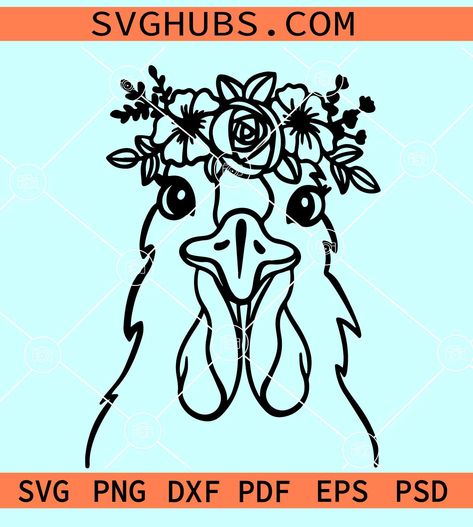 Chicken with flower crown SVG, Chicken Face svg, Flower Chicken svg, Floral Chicken svg, Chicken Poinsettia SVG, Chicken cut file, farm house svg Chicken Stencil, Floral Chicken, Svg Chicken, Chicken Svg, Crown Svg, Cricut Svgs, Felt Hats, Cricut Craft, Animal Patterns