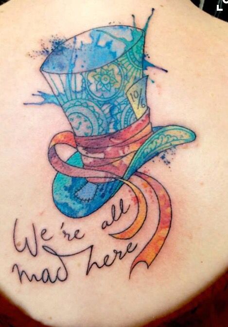 Alice in wonderland tattoo We're All Mad Here Tattoo, Hatter Tattoo, Mad Hatter Tattoo, Disney Inspired Tattoos, Pain Chart, Alice And Wonderland Tattoos, Alice In Wonderland Drawings, Wonderland Tattoo, Theme Tattoo