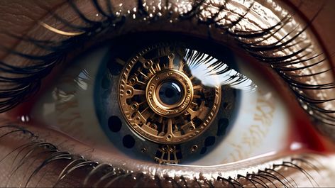 Mechanical Eye Steampunk, Mechanical Photography, Inventor Aesthetic, Magic Council, Clock Costume, Clock Eye, Fantasy Eyes Art, Steampunk Eye, Wolf Sketch